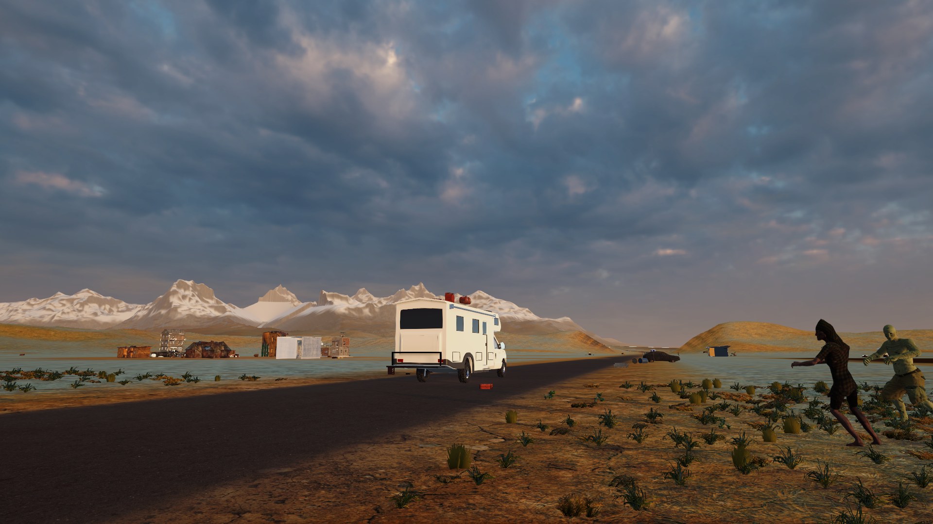 The player’s camper parked on an empty highway under snowy peaks while the Silent approach from the grass