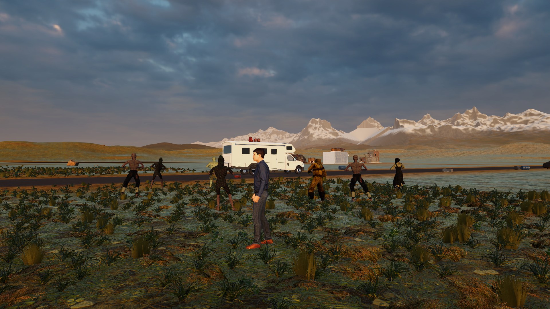 The survivor stands in the grass while the Silent close in, the caravan on the road behind