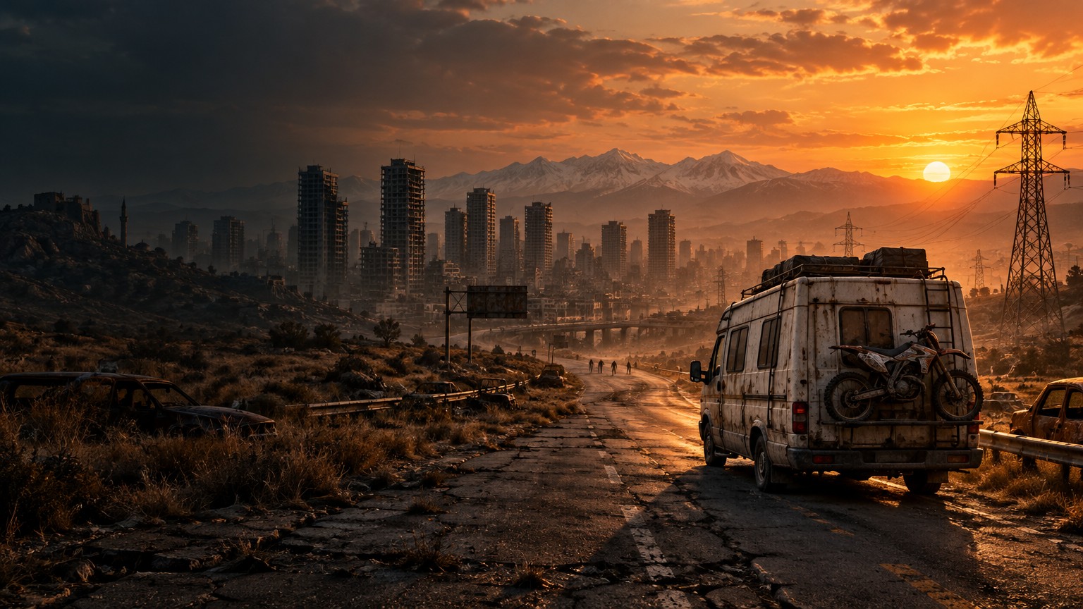 A rusted camper van with a motorbike on its rear rack drives toward a ruined city at sunset
