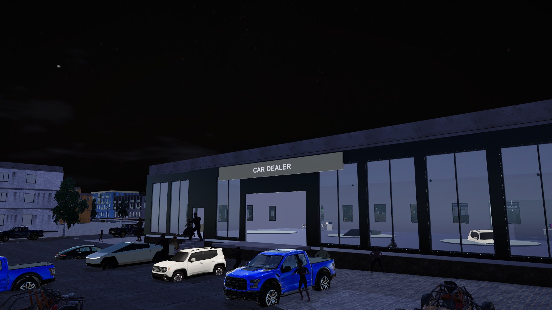 A lit car showroom at night with figures moving across the dark lot