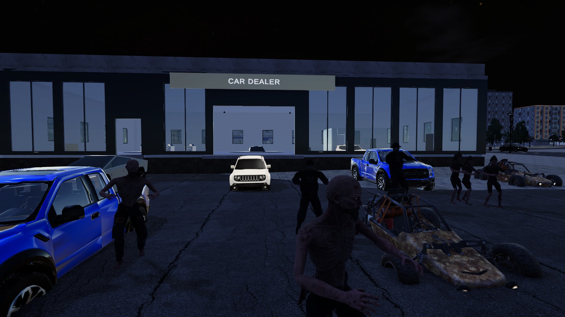 The same lot at night, the horde barely visible in the dark between the cars