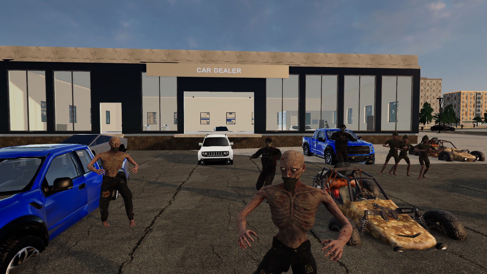 A Silent lurches toward the camera across a car-dealer lot full of abandoned trucks and buggies
