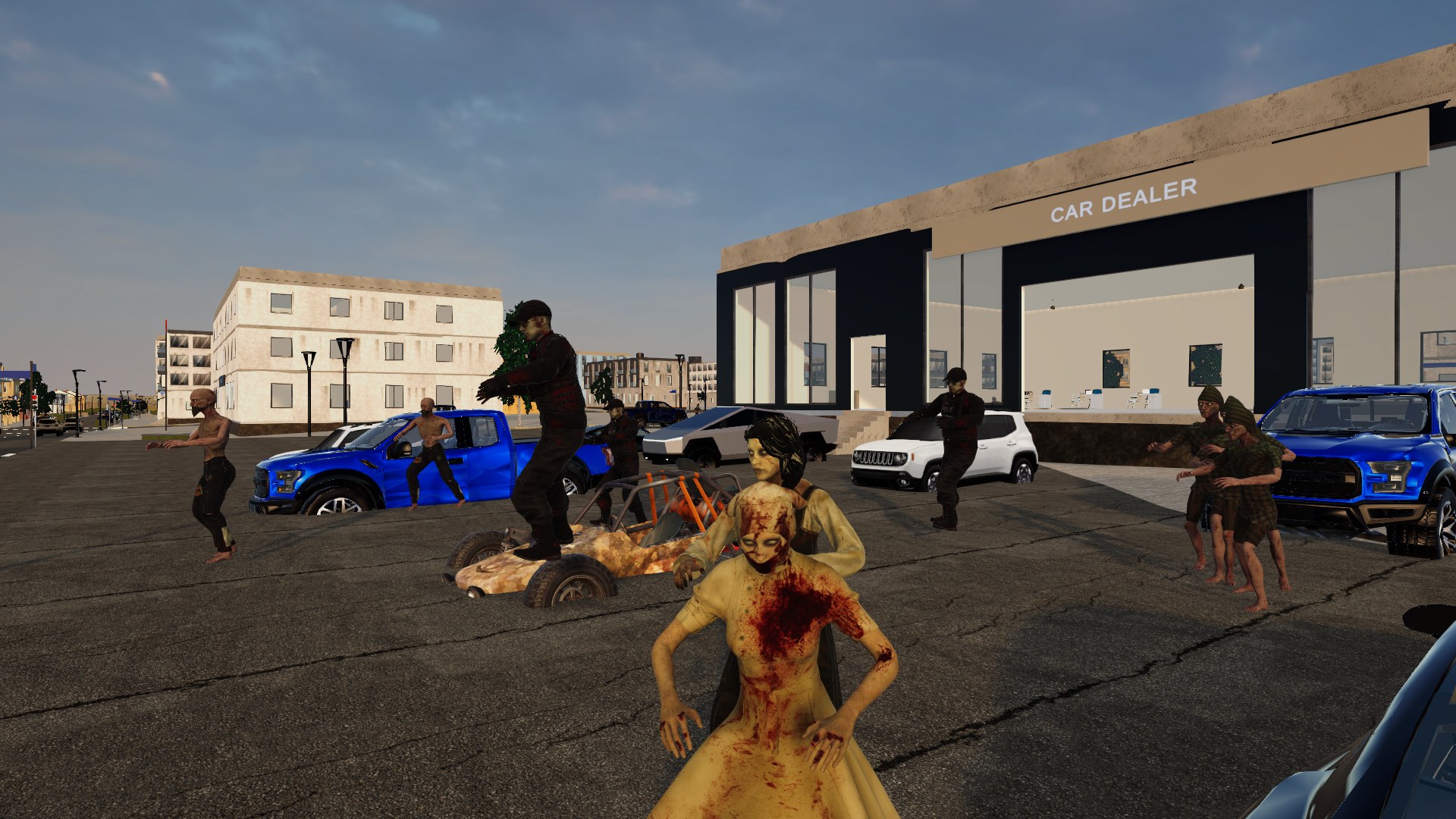 A crowd of the Silent between trucks in front of a car dealership